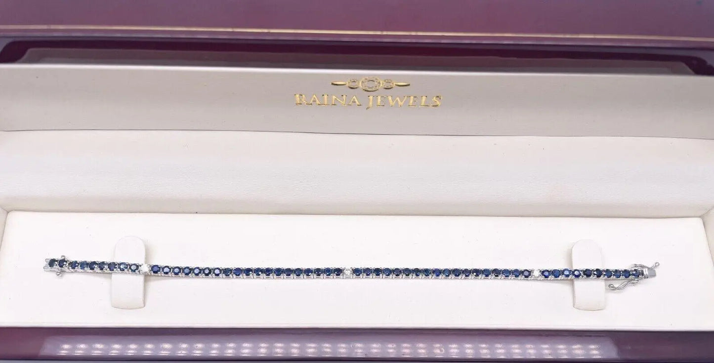 14ct White Gold Diamond & Blue Sapphire Ladies Tennis Bracelet 5.24ct 7  Diamond Bracelets