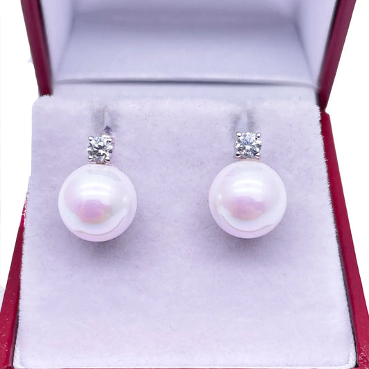 14ct White Gold Freshwater Pearl & Diamond Drop Pair Earrings 0.22ct 