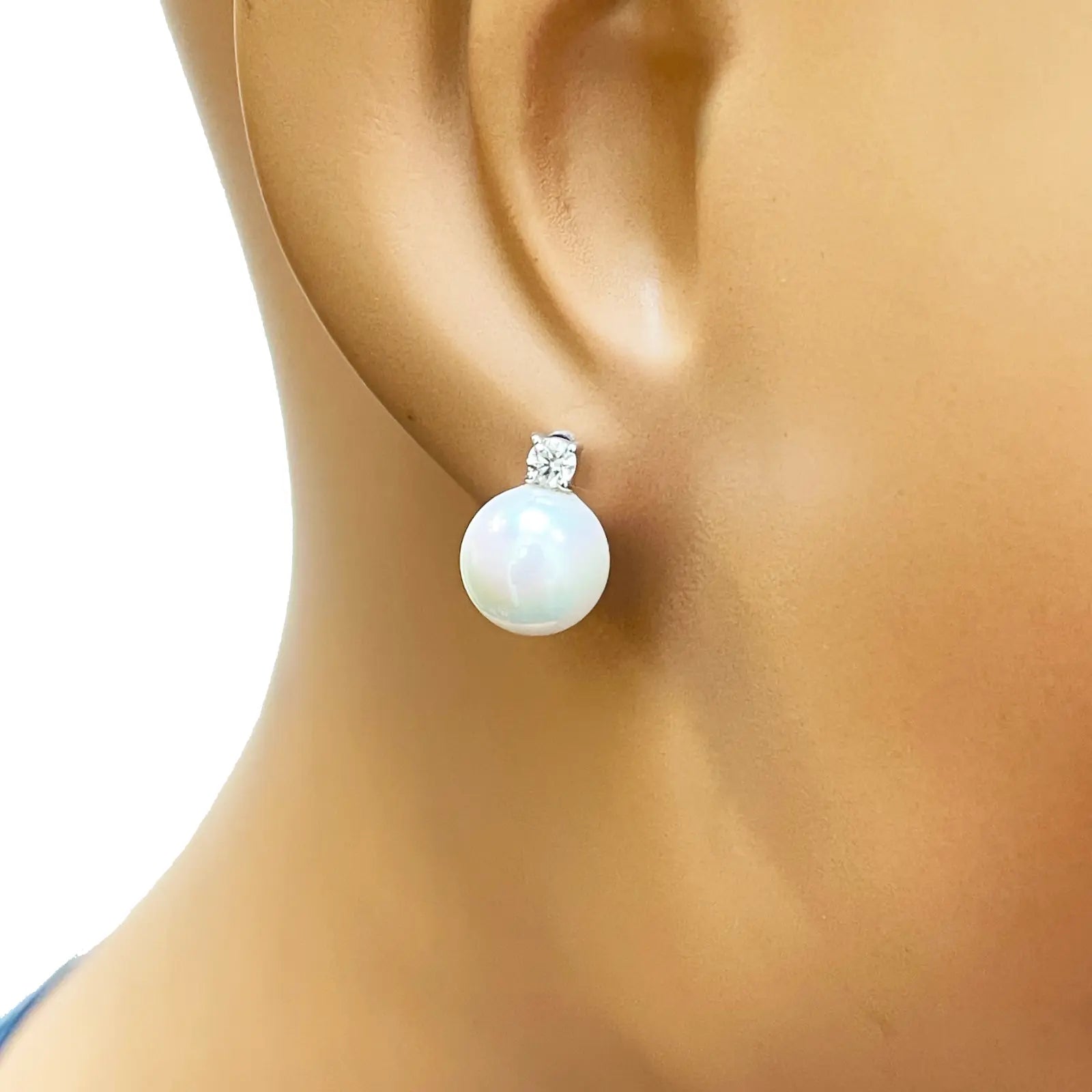 14ct White Gold Freshwater Pearl & Diamond Drop Pair Earrings 0.22ct 