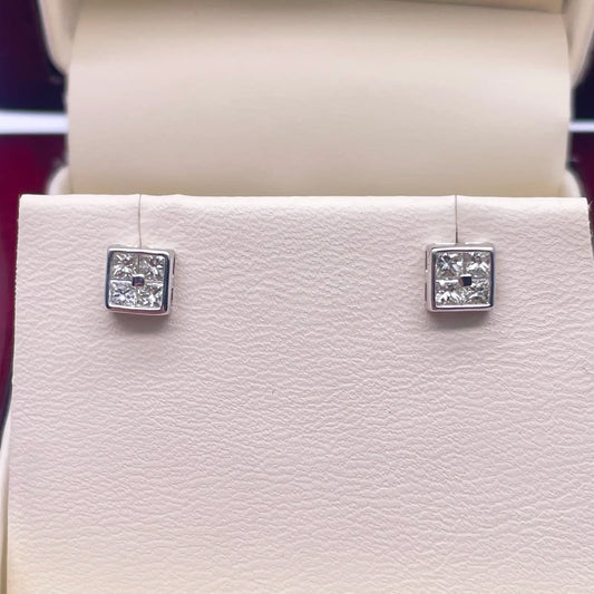 14ct White Gold Princess Cut & Rub Over Square Studs 0.47ct, 1.2gm 