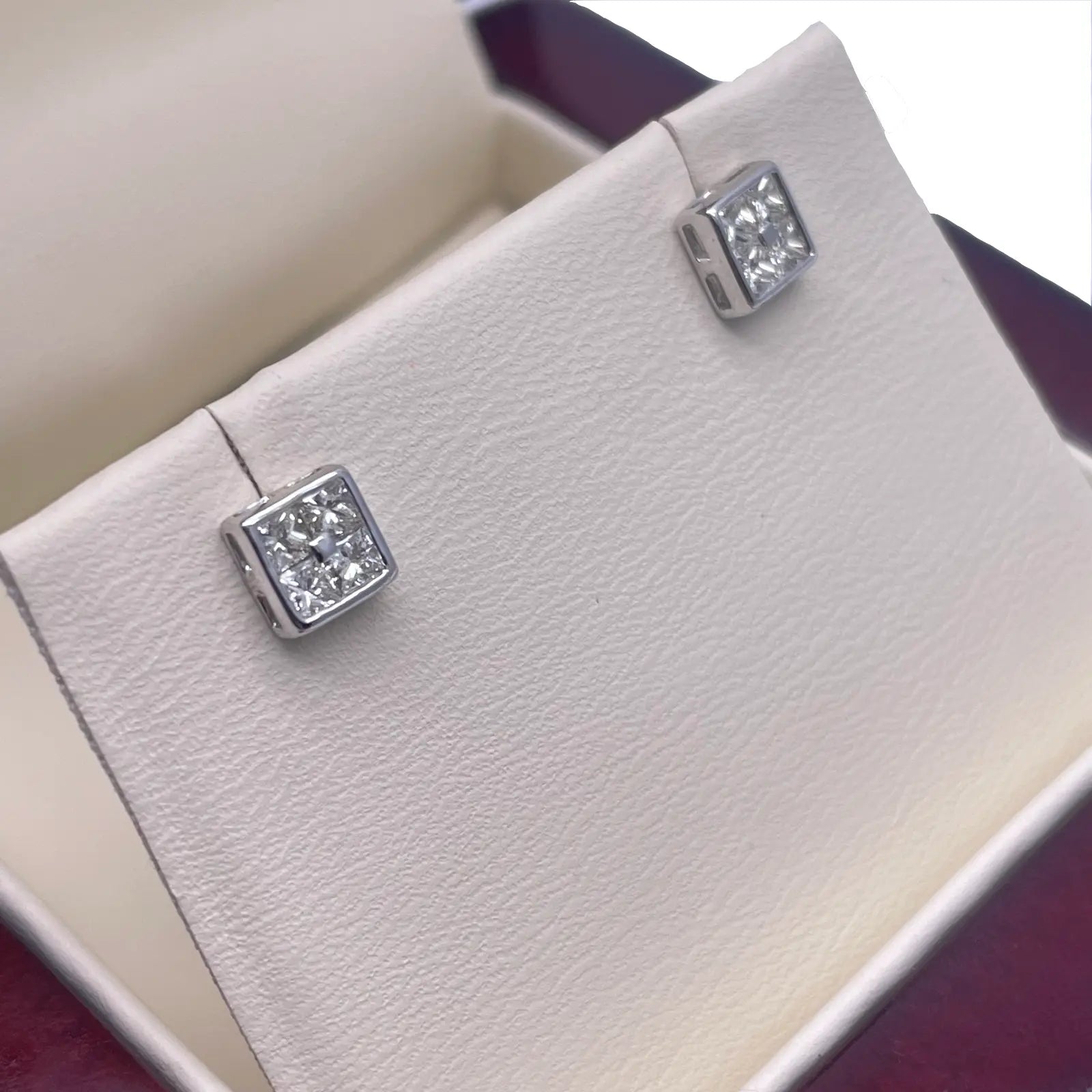 14ct White Gold Princess Cut & Rub Over Square Studs 0.47ct, 1.2gm 