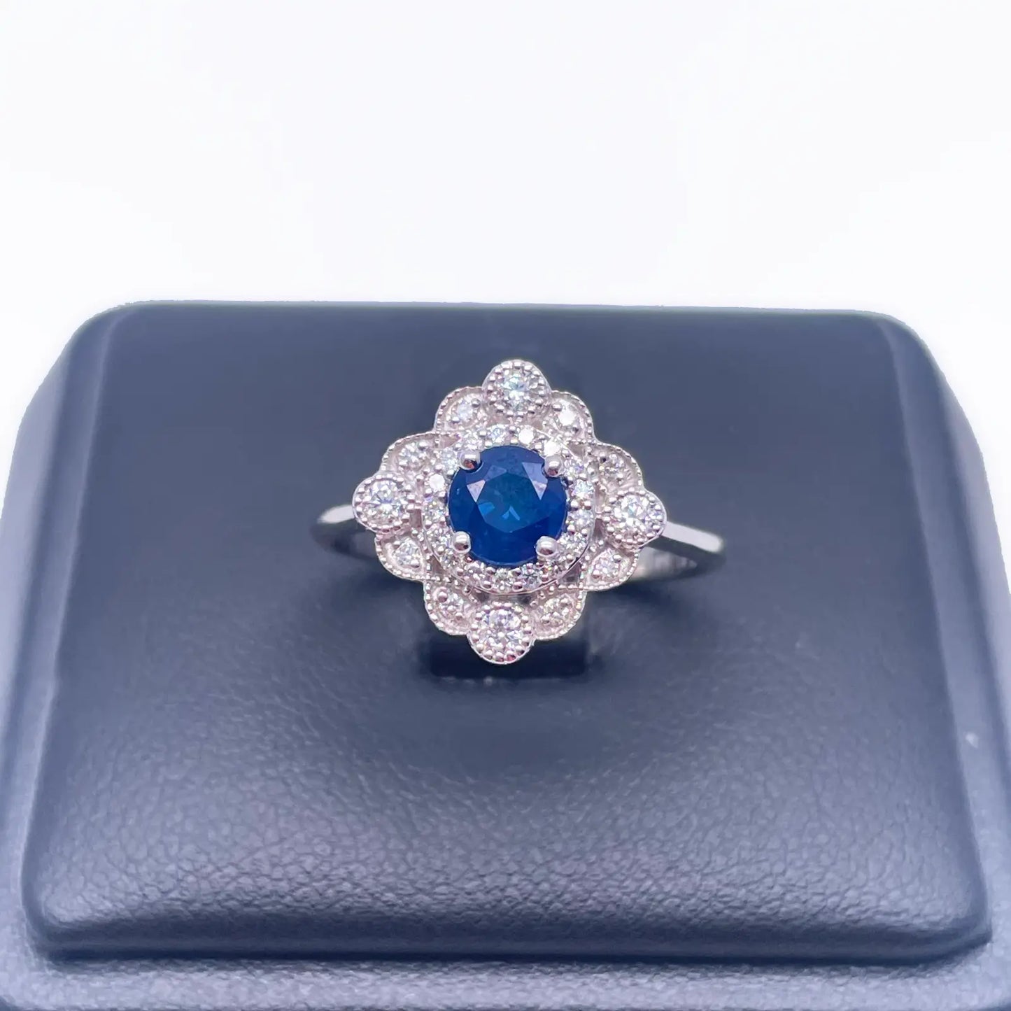 14ct White Gold Round Blue Sapphire & Diamond Cluster Milgrain Ring 0.82ct  Diamond Ring