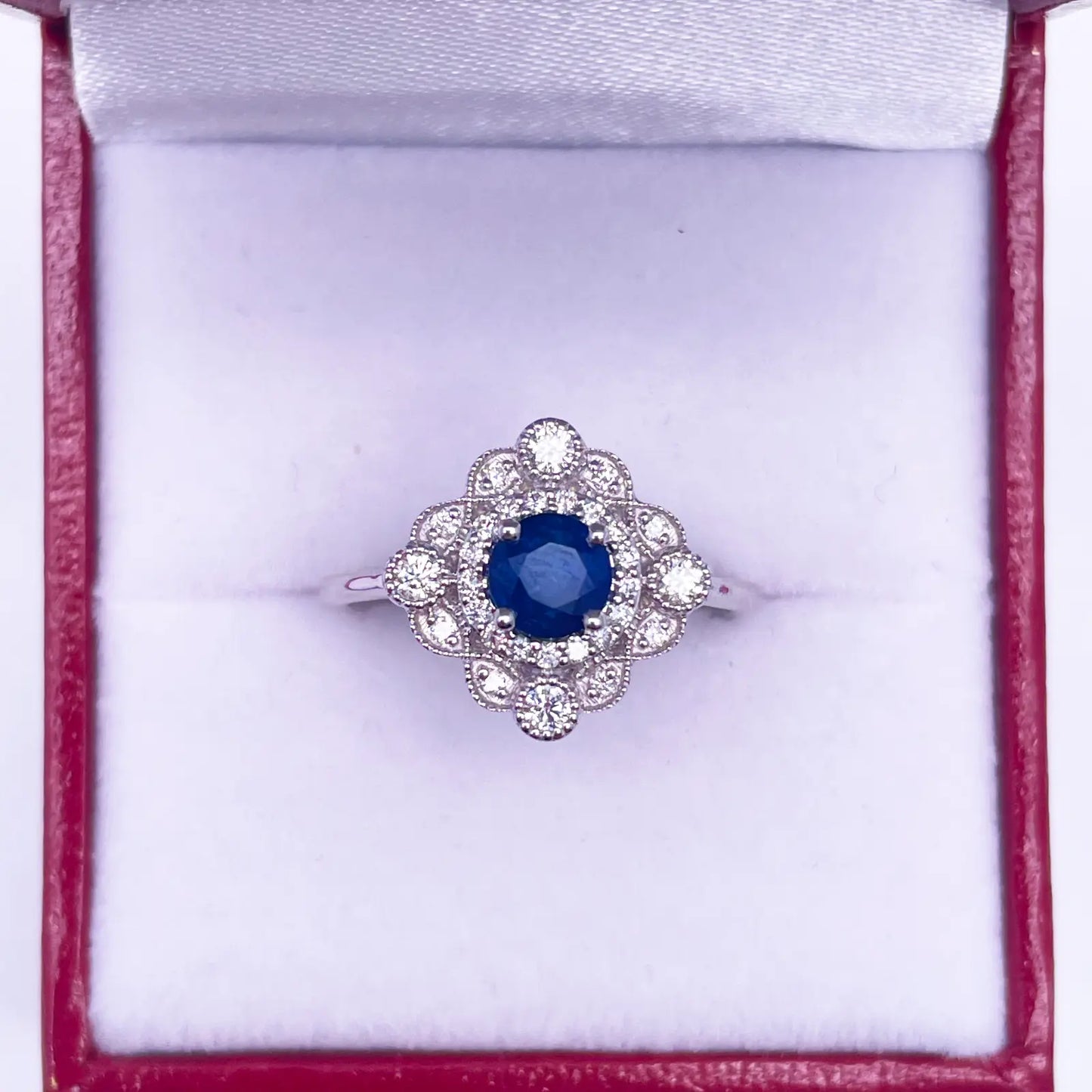 14ct White Gold Round Blue Sapphire & Diamond Cluster Milgrain Ring 0.82ct  Diamond Ring