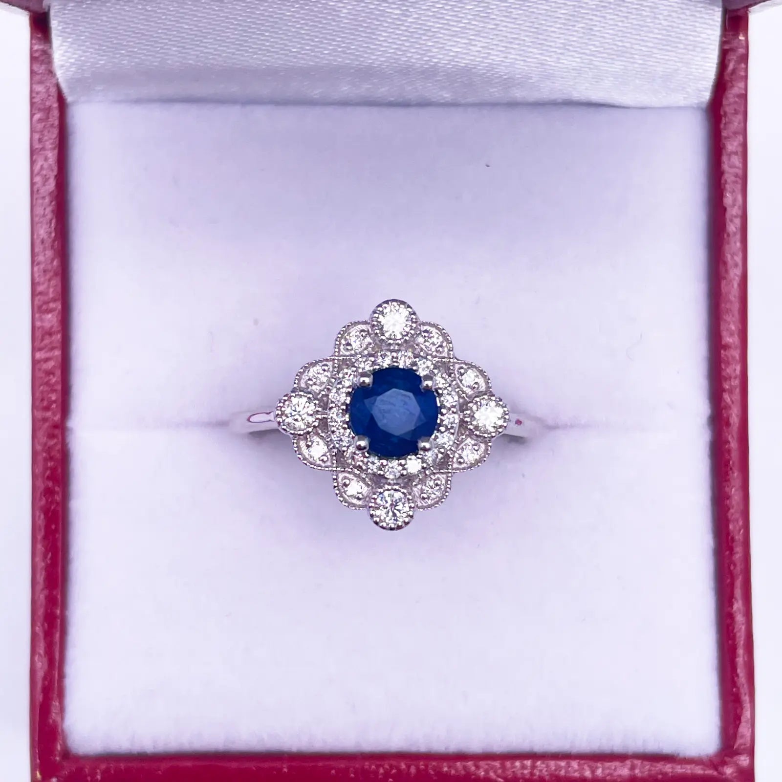 14ct White Gold Round Blue Sapphire & Diamond Cluster Milgrain Ring 0.82ct  Diamond Ring