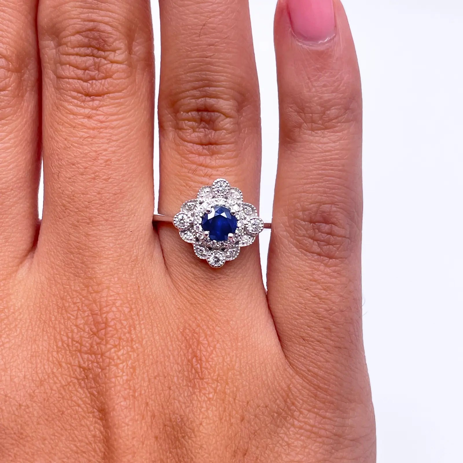 14ct White Gold Round Blue Sapphire & Diamond Cluster Milgrain Ring 0.82ct  Diamond Ring