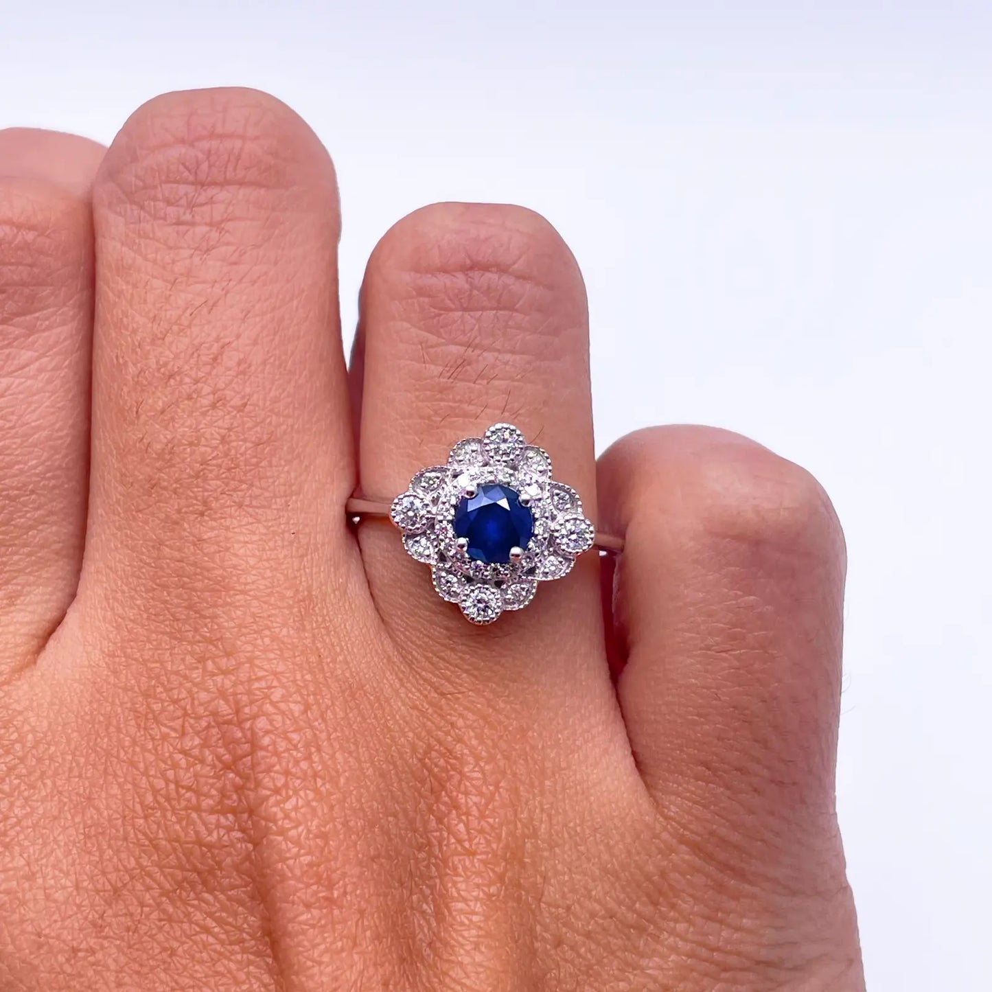 14ct White Gold Round Blue Sapphire & Diamond Cluster Milgrain Ring 0.82ct  Diamond Ring