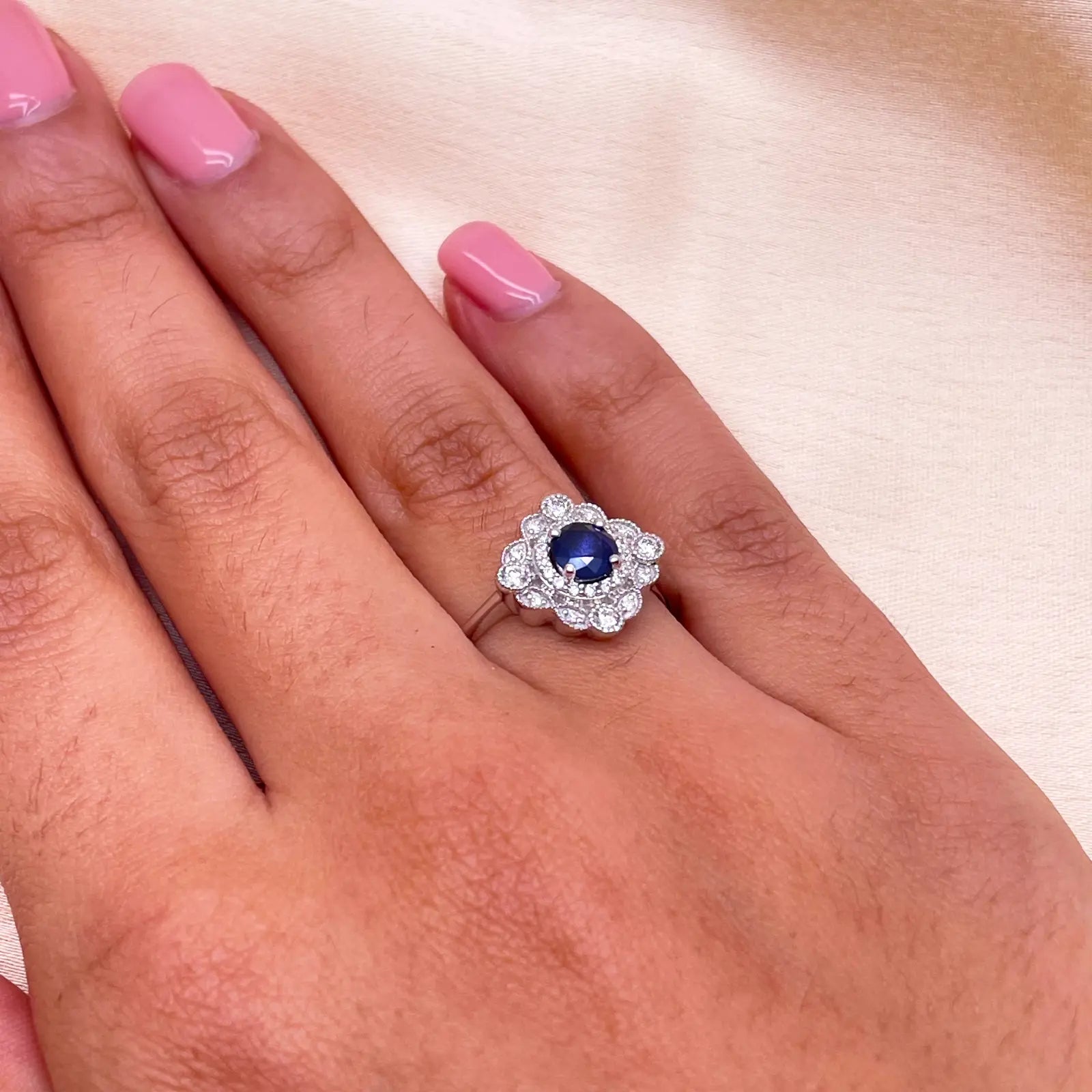 14ct White Gold Round Blue Sapphire & Diamond Cluster Milgrain Ring 0.82ct  Diamond Ring