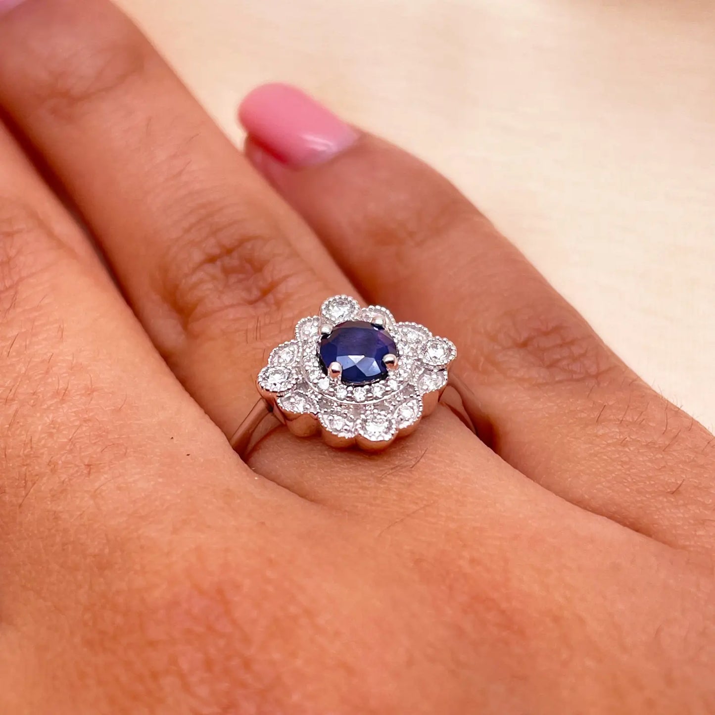 14ct White Gold Round Blue Sapphire & Diamond Cluster Milgrain Ring 0.82ct  Diamond Ring