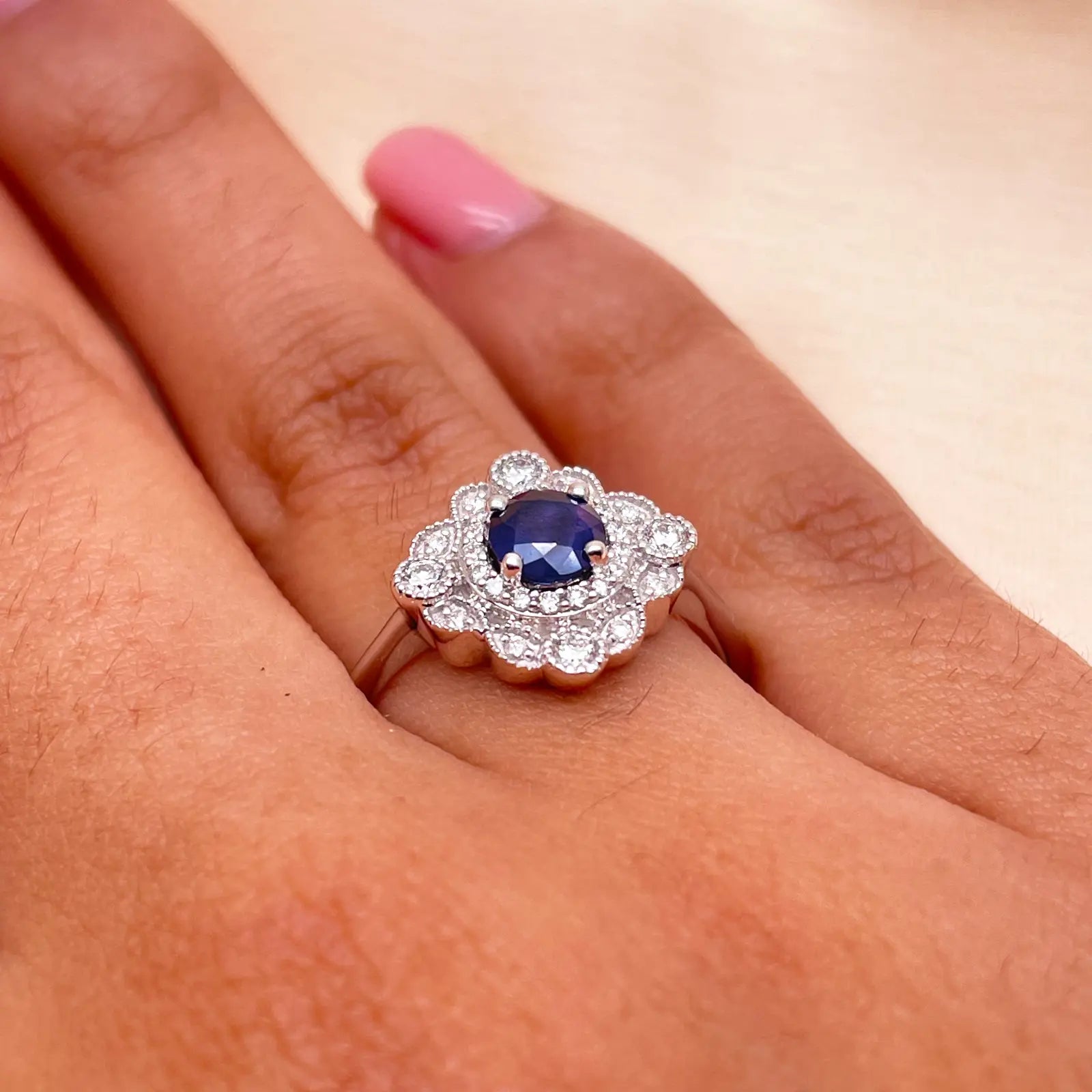 14ct White Gold Round Blue Sapphire & Diamond Cluster Milgrain Ring 0.82ct  Diamond Ring