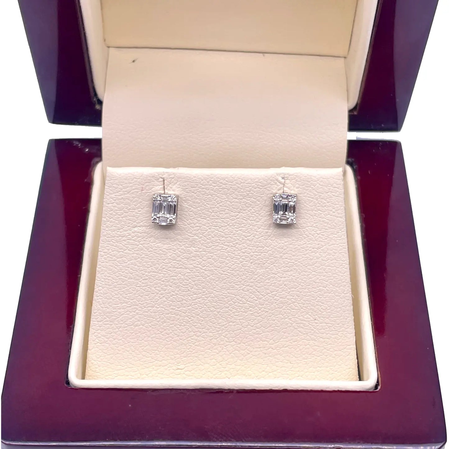 14ct White Gold Round & Baguette in Emerald Shaped Diamond Studs Earrings 0.17ct 
