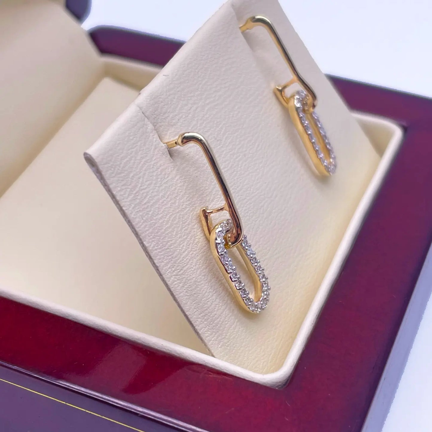 14ct Yellow Gold Paper Clip Link Pave Diamond Earrings 0.30ct 