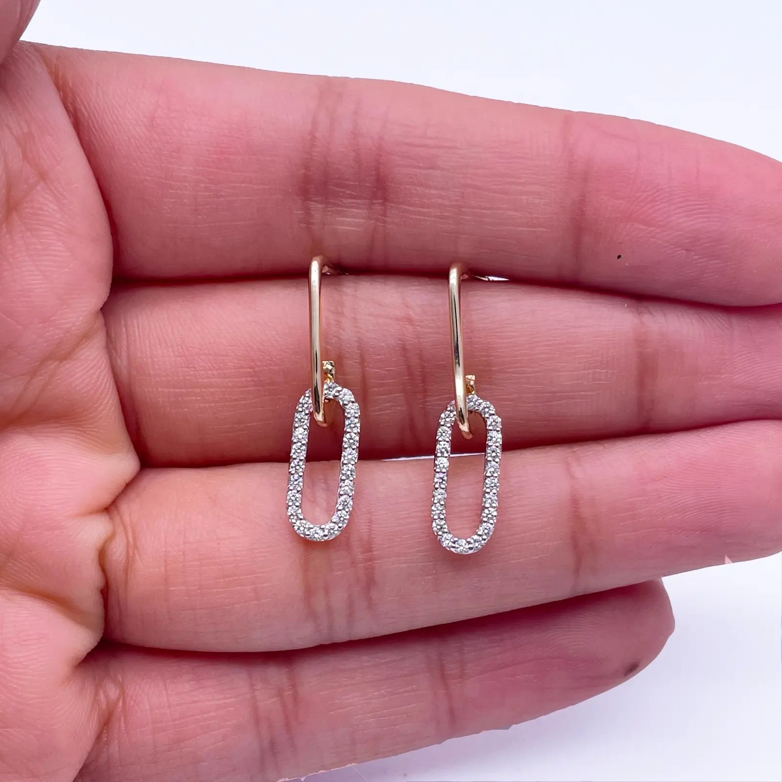 14ct Yellow Gold Paper Clip Link Pave Diamond Earrings 0.30ct 