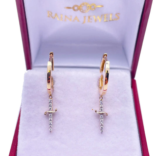 14ct Yellow Gold & Diamond Drop Sword Hoop Earrings 0.08ct 