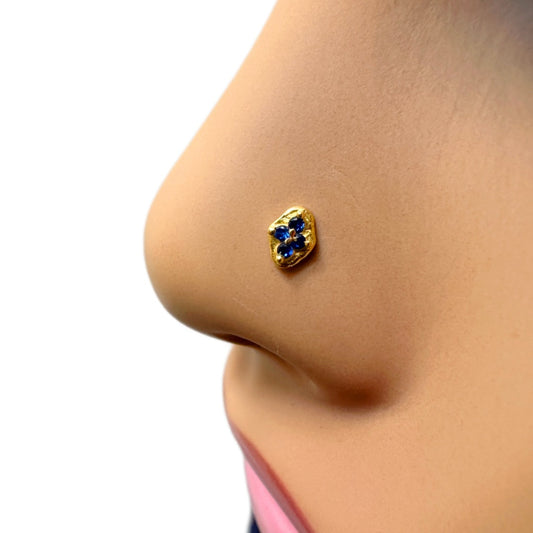 22ct Yellow Gold Blue Cubic Zirconia Claw Set Nose Stud