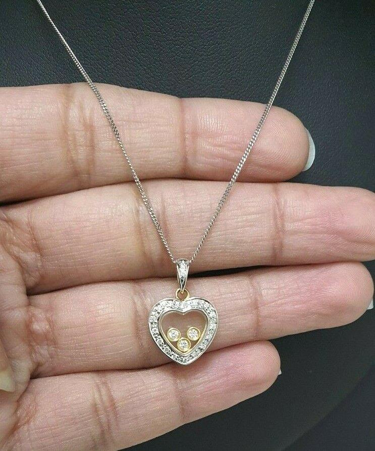 9ct Yellow Gold Floating Diamond Heart Pendant & Chain Necklace 0.17 carats