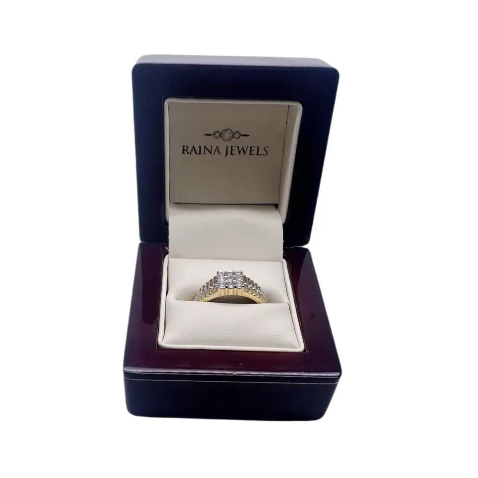 18Ct Yellow Gold Diamond 9 Stone Men's Ring Bi-Colour Ribbed Shank 0.50cts G/SI 