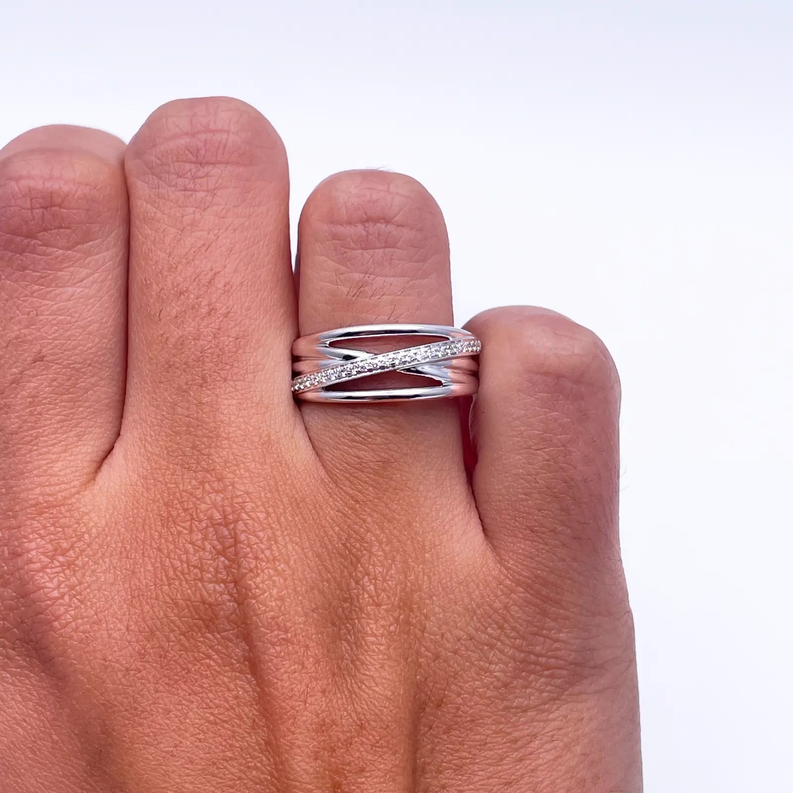 18ct White Gold Diamond Polished Crossover Half Eternity Ring 0.12ct  Diamond Ring