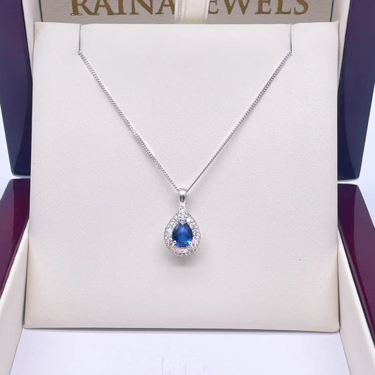 18ct White Gold Double Row Halo Diamond Blue Sapphire Pear Pendant&Chain 0.32ct 
