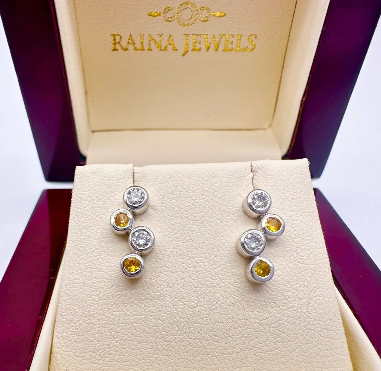 18ct White Gold Natural Diamond & Yellow Sapphire Bubble Drop Earrings, 0.59ct 