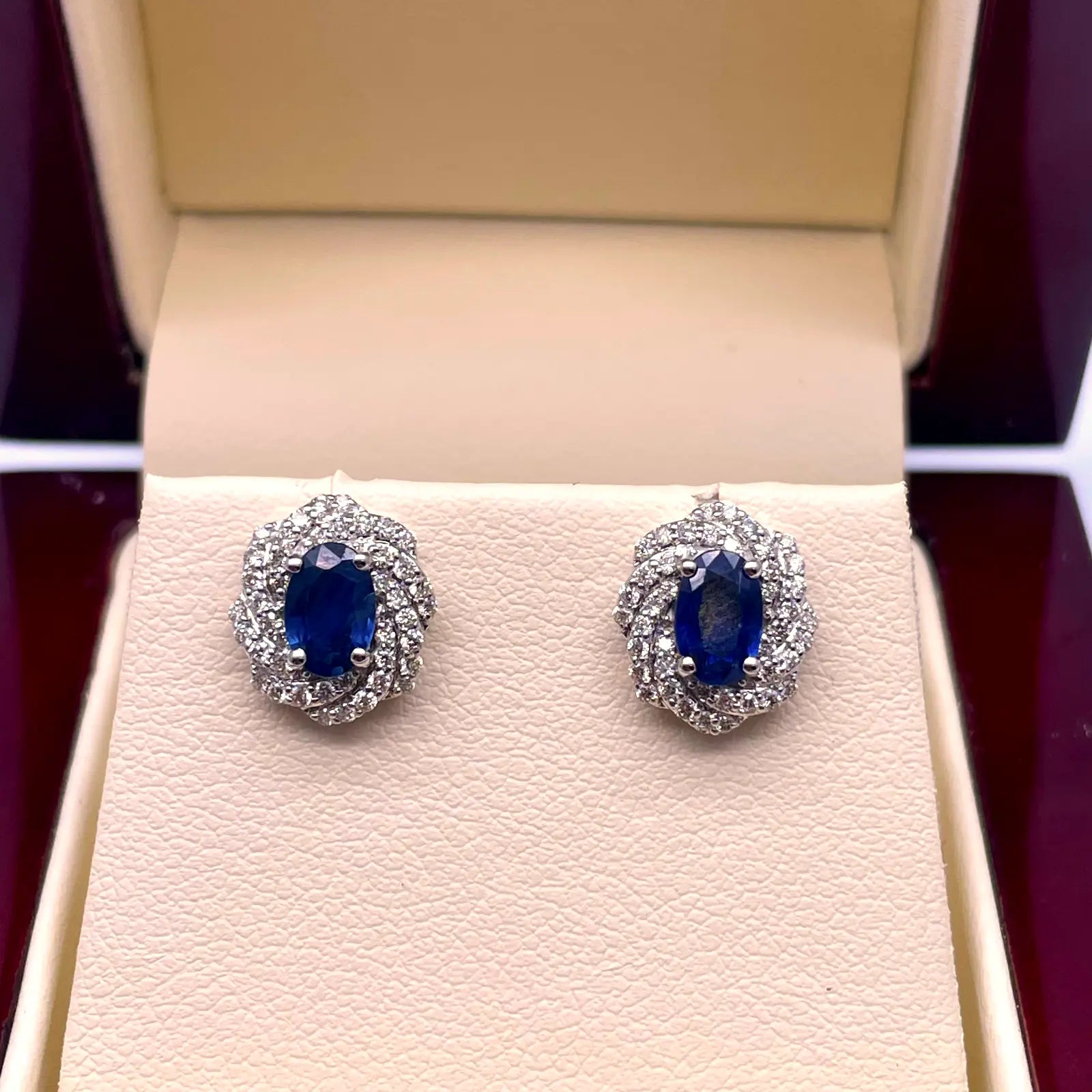 18ct White Gold Natural Oval Blue Sapphire & Diamond Cluster Earrings 0.33ct 
