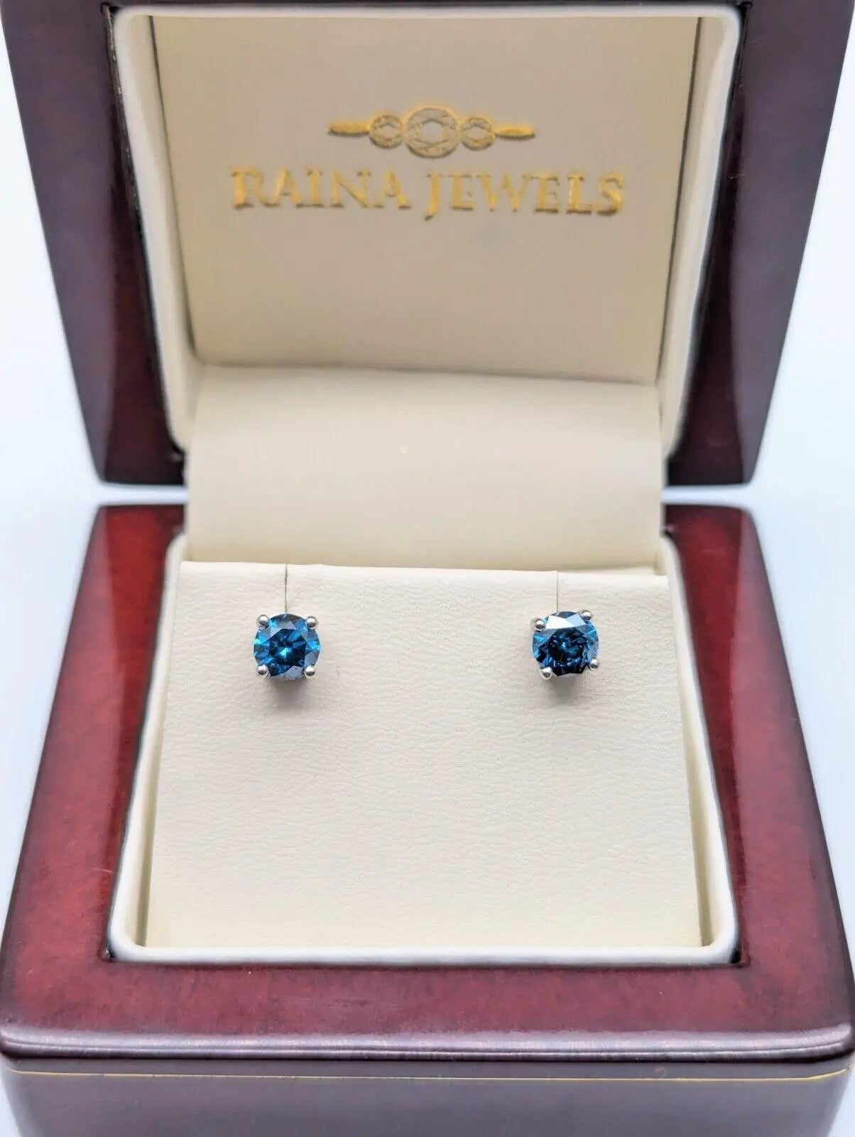 18ct White Gold Natural Teal Blue Diamond 4 Claw Ear Stud Earrings 1.60ct 