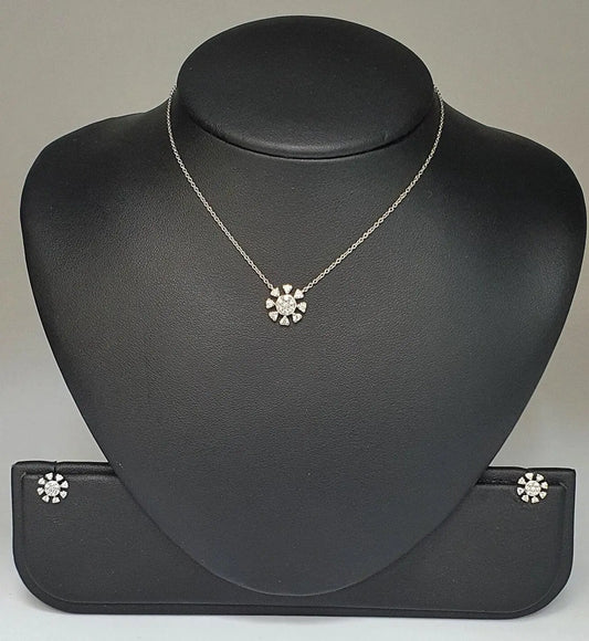 18ct White Gold Round Diamond Flower Pendant ,Chain & Earrings 0.61cts 