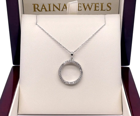 18ct White Gold Twisted Circle Diamond Pendant &Chain 16 