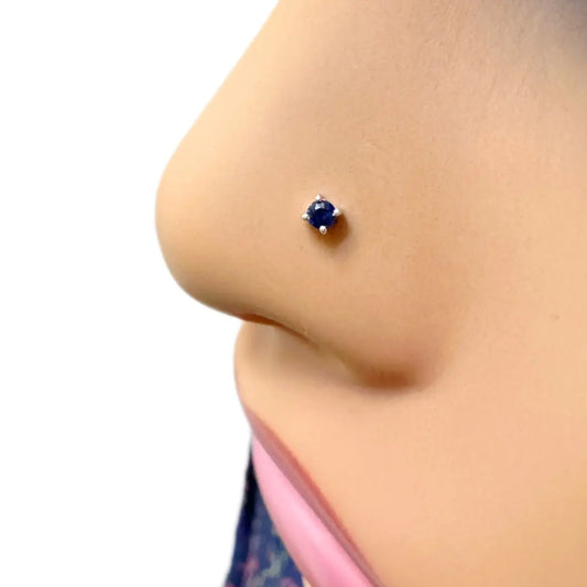 18ct White Gold & Blue Sapphire Nose Stud / Nose Pin 0.05 Carats 4-Claw 2.0 mm 
