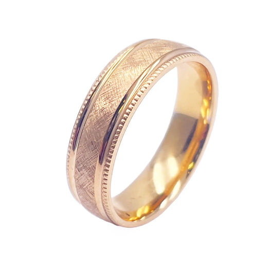 18ct Yellow Gold Mens Wedding 6mm Band Matt Middle and Grooves Milgrain Edges 
