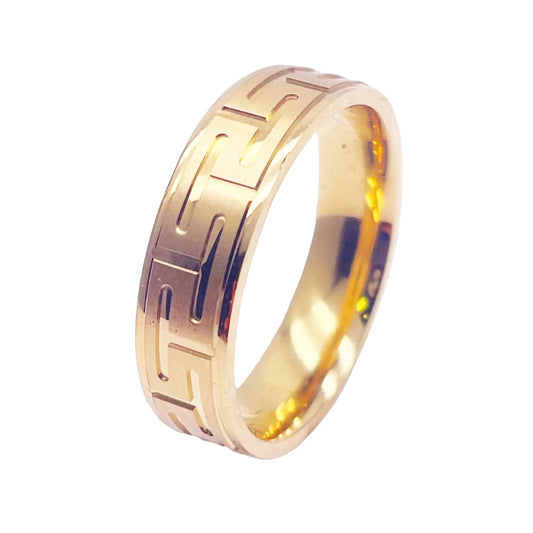 18ct Yellow Gold Mens Wedding 6mm Polished Band With Matt Greek Key Pattern 