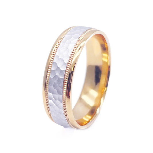 18ct Yellow/White Gold Bicolour Mens Wedding 6mm Band Hammered & Milgrain Middle 