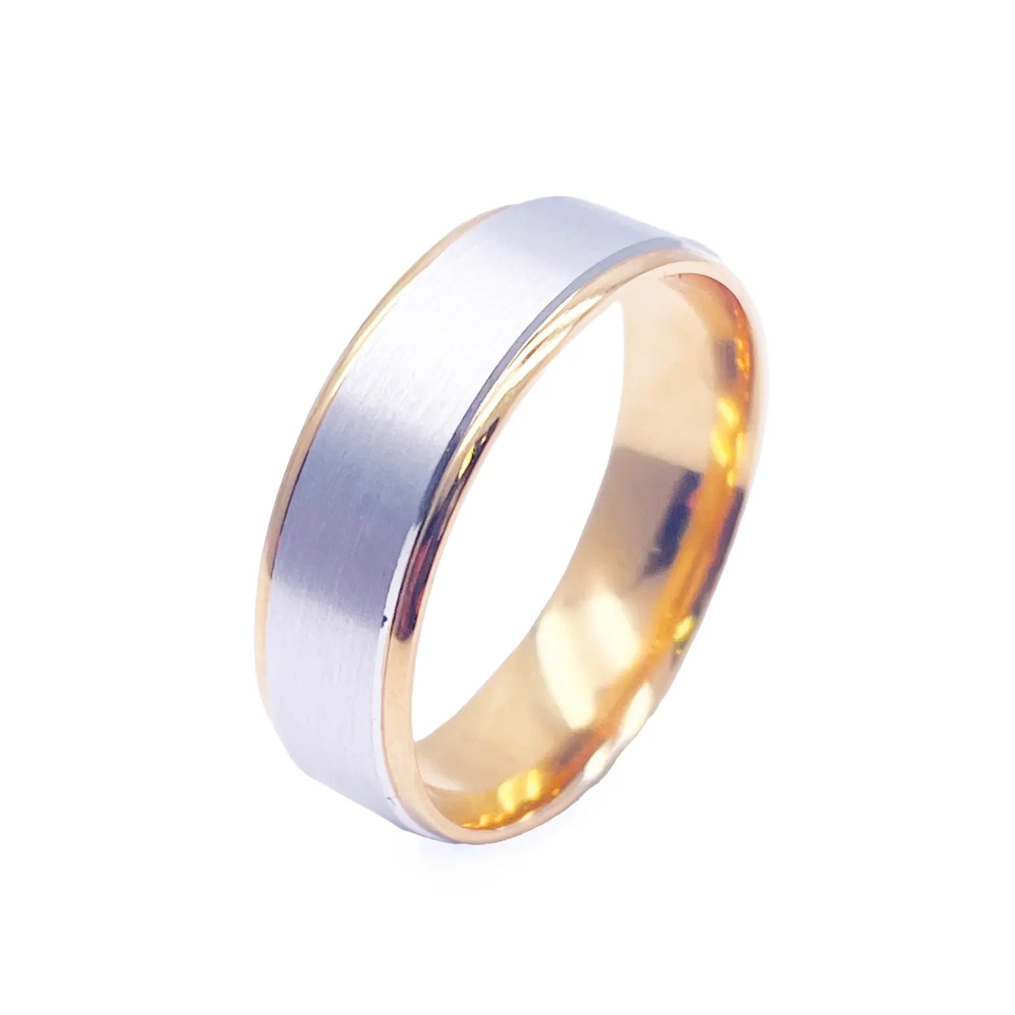 18ct Yellow/White Gold Mens Wedding 6mm Band Matt Middle & High Polished Edges 