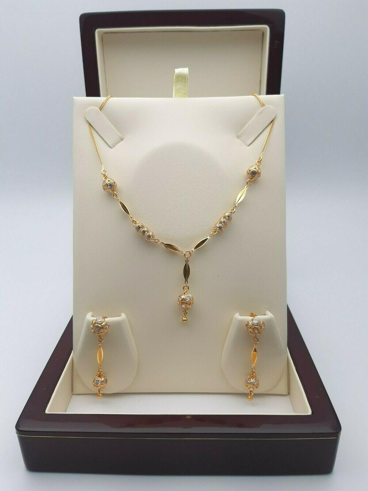 22ct Yellow Gold CZ Cluster Chain Necklace and Earrings