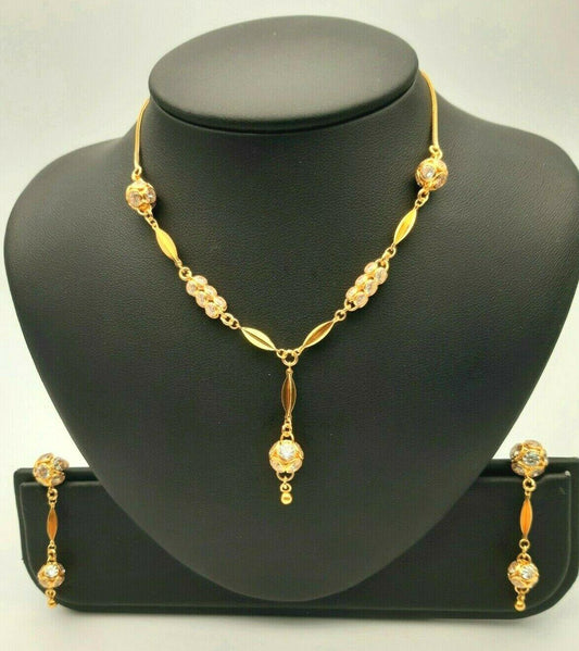 22ct Yellow Gold CZ Cluster Chain Necklace and Earrings