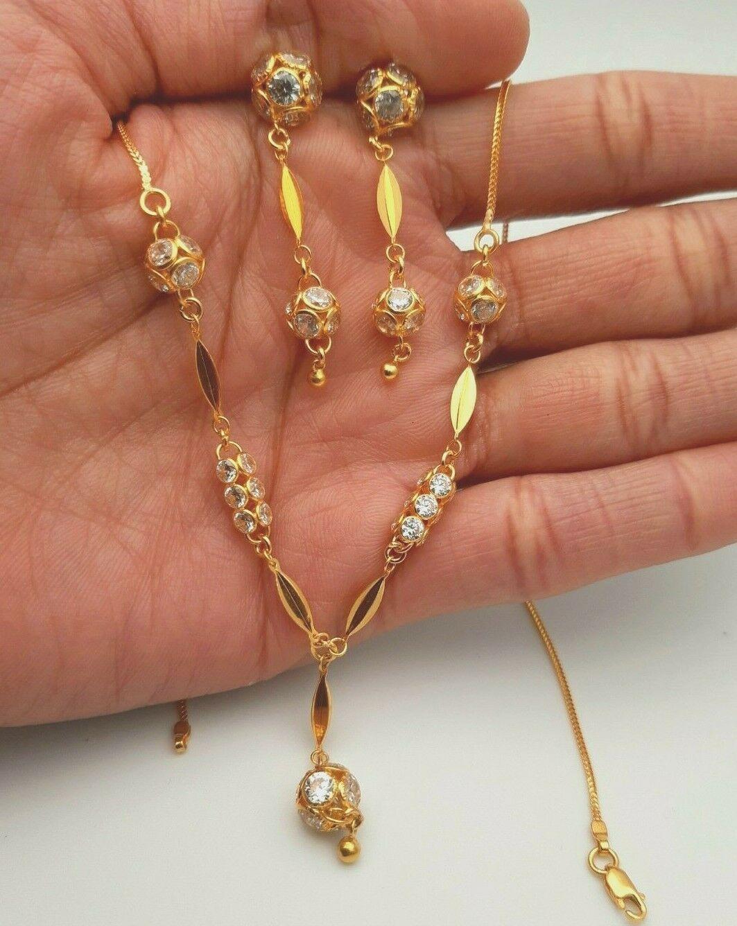 22ct Yellow Gold CZ Cluster Chain Necklace and Earrings