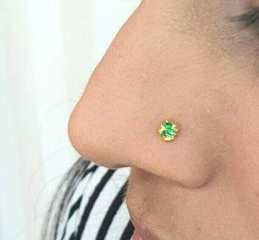 22ct Yellow Gold Green Solitaire Cubic Zirconia Claw Set Nose Stud