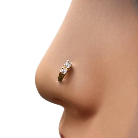 22ct Yellow Gold & Cubic Zirconia Half Hoop Nose Ring Stud Straight Bar 2 Stone 