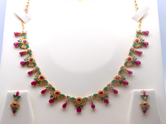 22ct Yellow Gold, Ruby & Emerald Necklace Earrings Set