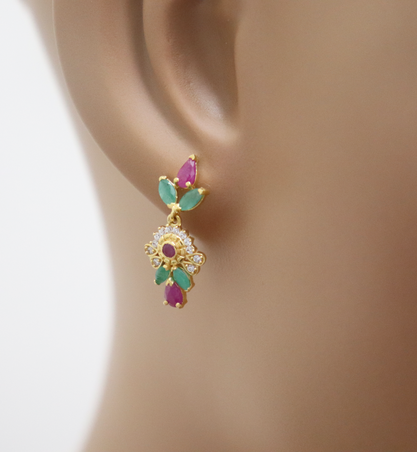 22ct Yellow Gold, Ruby & Emerald Necklace Earrings Set