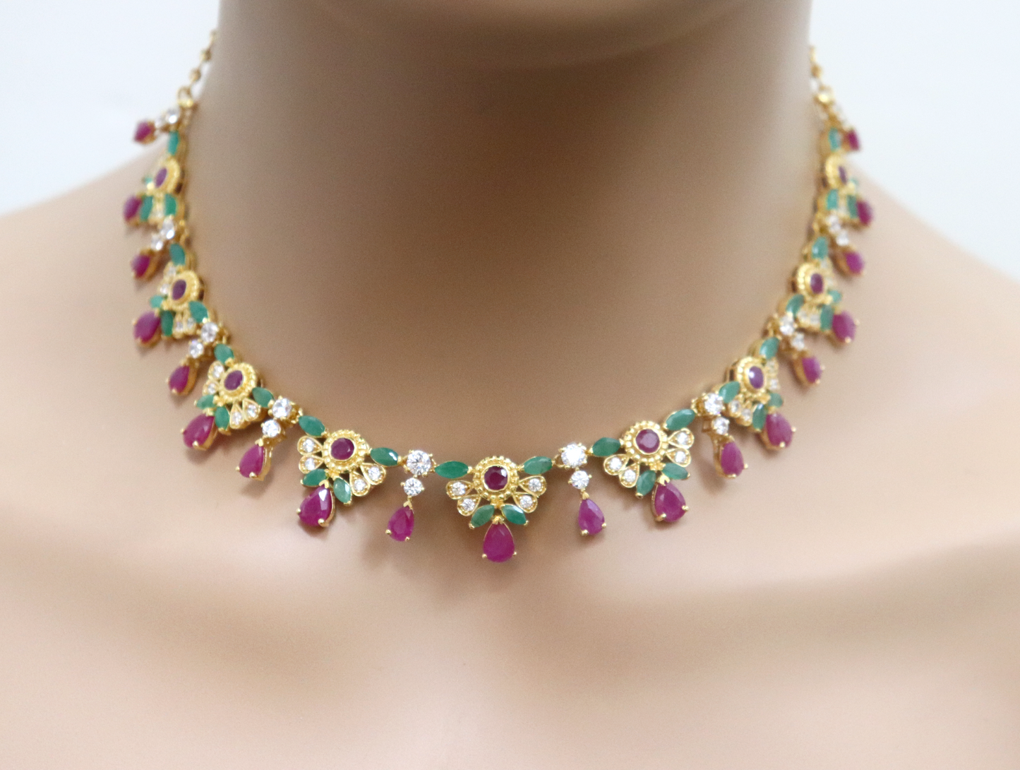 22ct Yellow Gold, Ruby & Emerald Necklace Earrings Set