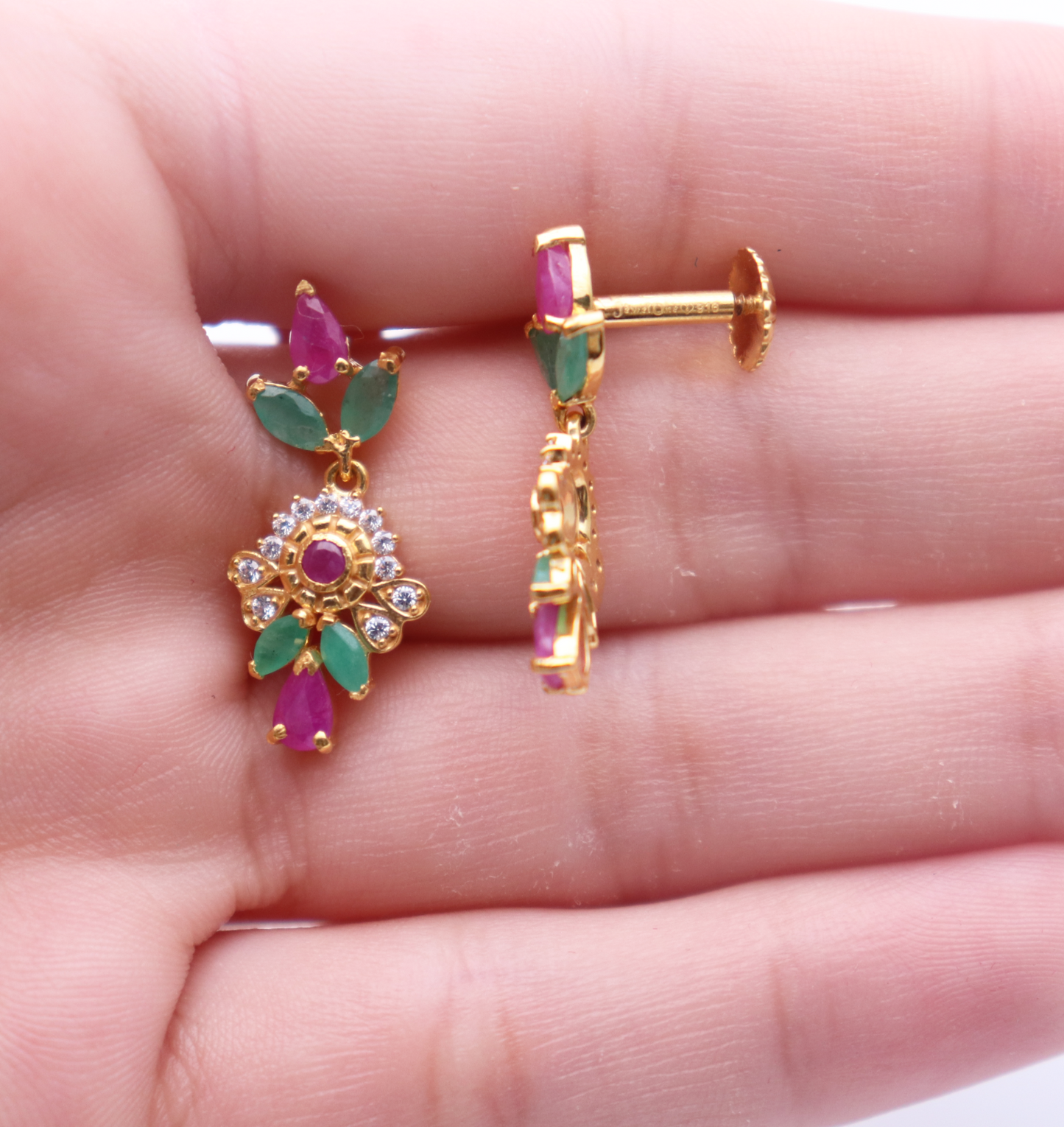 22ct Yellow Gold, Ruby & Emerald Necklace Earrings Set