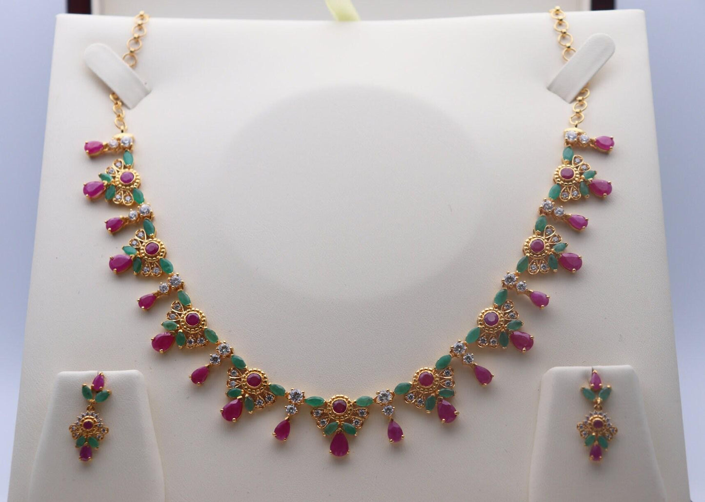 22ct Yellow Gold, Ruby & Emerald Necklace Earrings Set