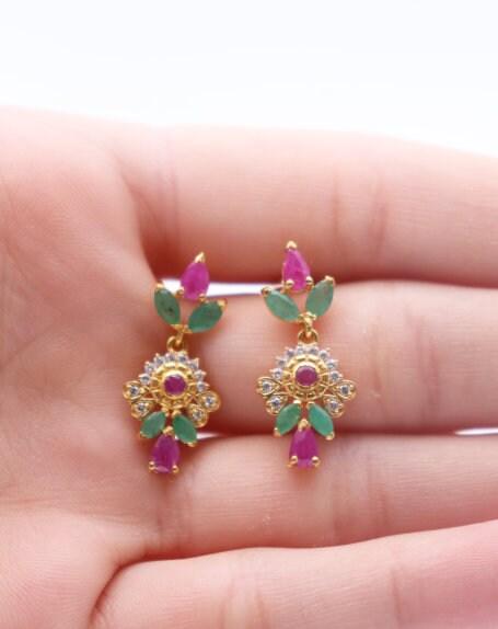 22ct Yellow Gold, Ruby & Emerald Necklace Earrings Set