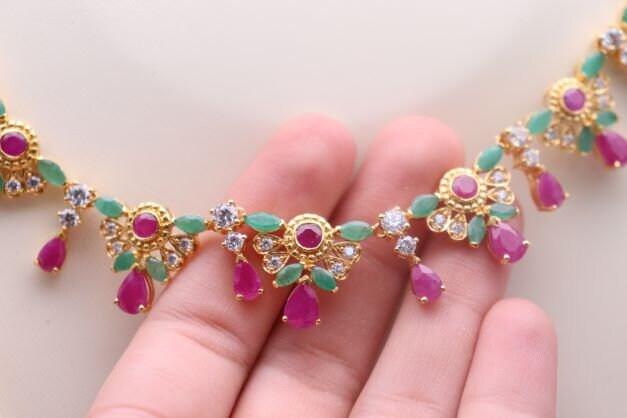 22ct Yellow Gold, Ruby & Emerald Necklace Earrings Set