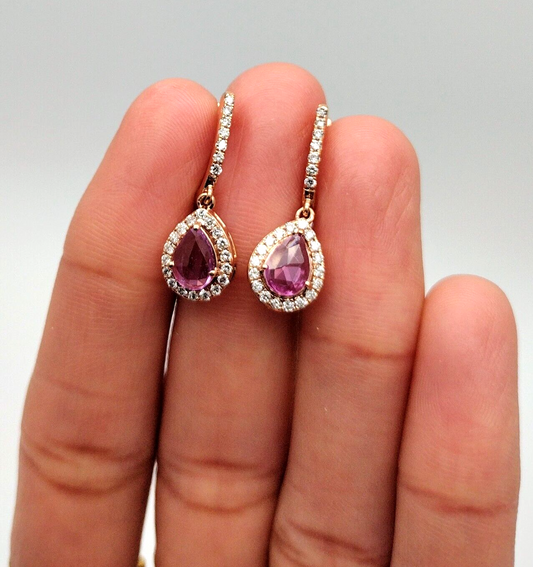 18Carat Rose Gold Diamond & Pink Sapphire Pear Shape Halo Drop Earrings 1.72cts