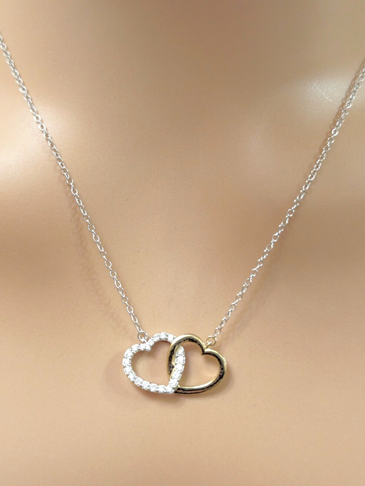 9ct Yellow Gold & Natural Diamonds Double Heart Pendant Necklace Chain 0.20cts