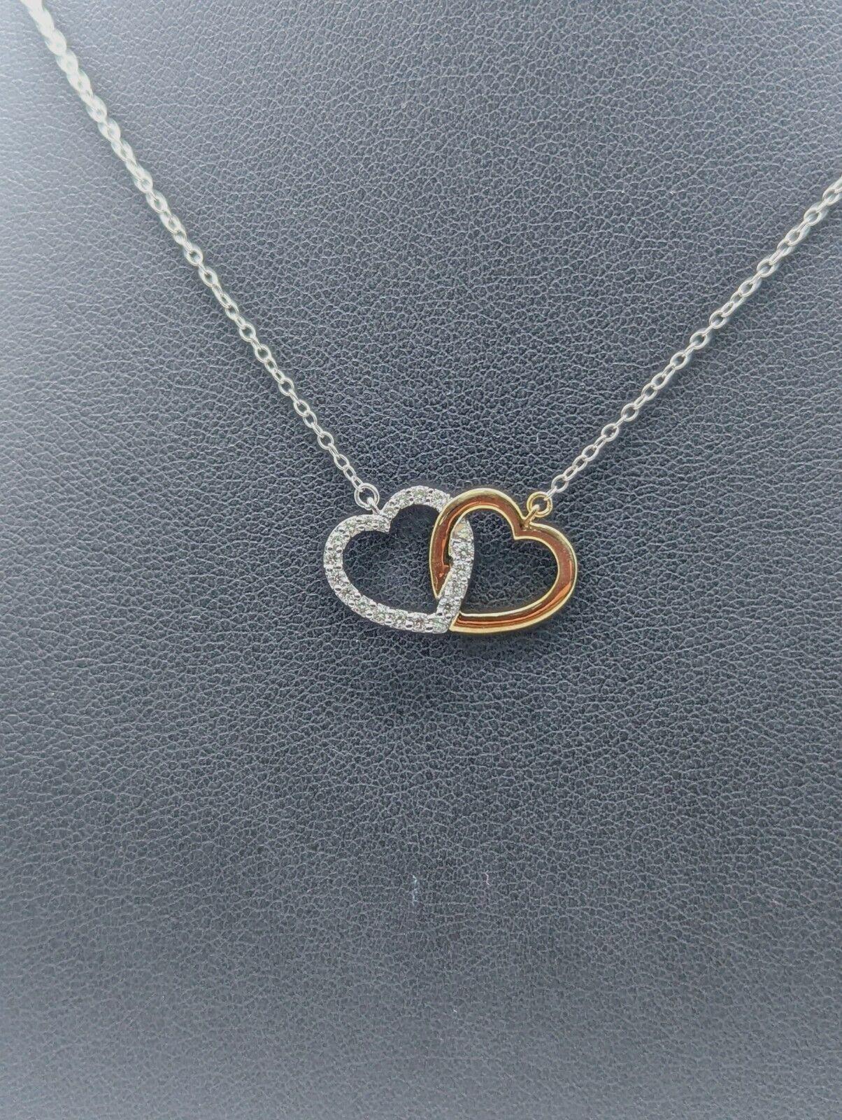 9ct Yellow Gold & Natural Diamonds Double Heart Pendant Necklace Chain 0.20cts