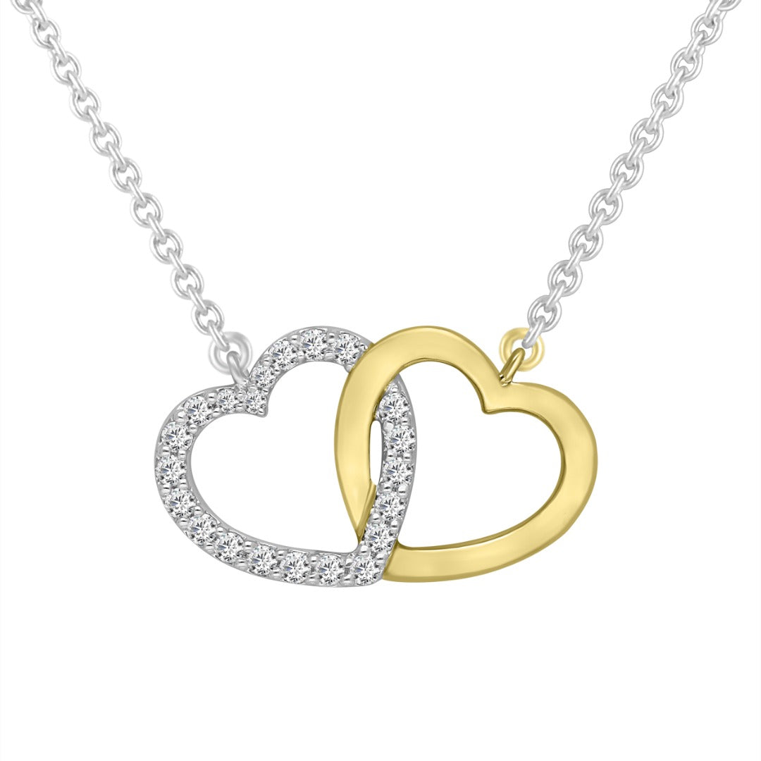 9ct Yellow Gold & Natural Diamonds Double Heart Pendant Necklace Chain 0.20cts