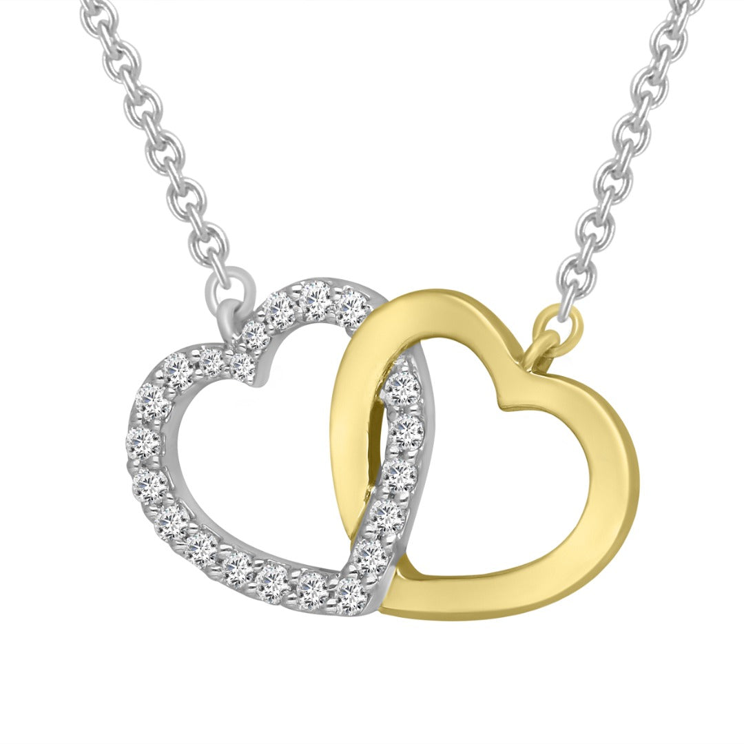 9ct Yellow Gold & Natural Diamonds Double Heart Pendant Necklace Chain 0.20cts