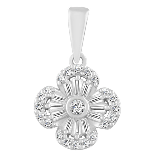 9ct White Gold & Natural Diamonds & Baguette Cluster Pendant Necklace 0.27cts 